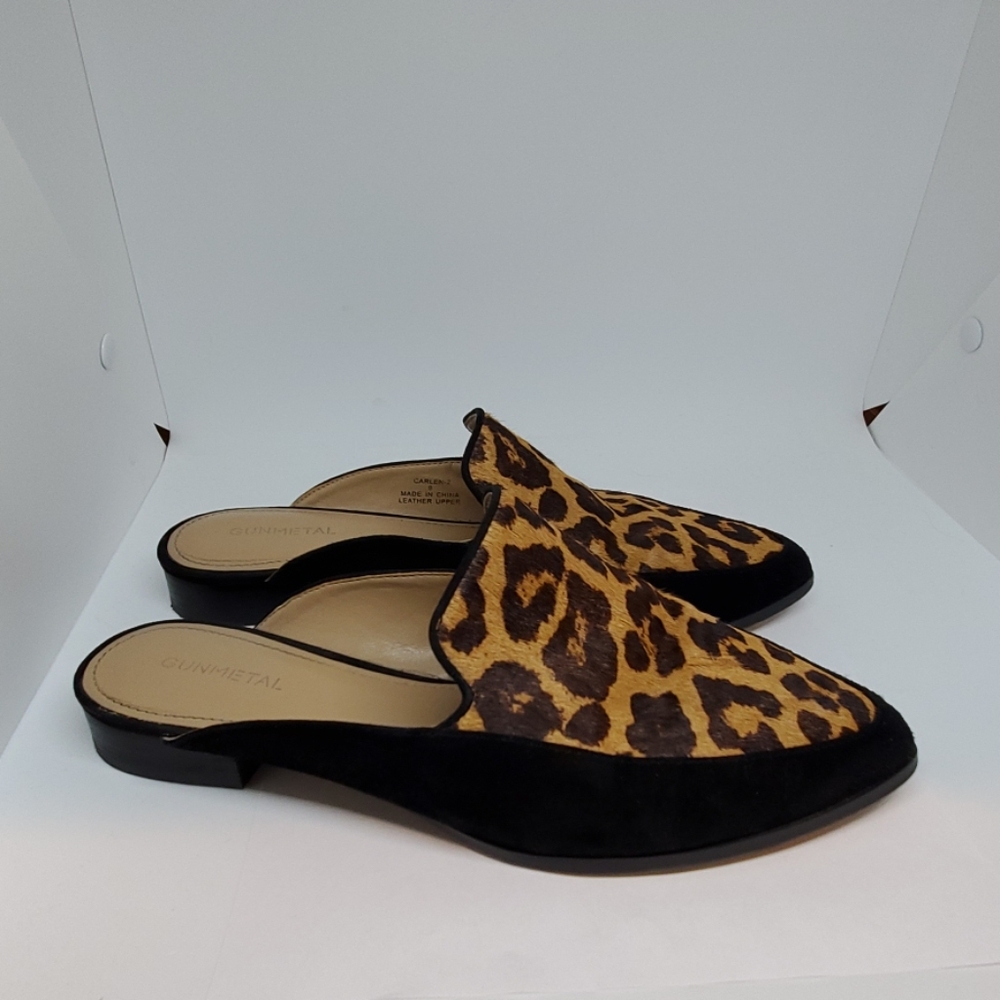Gun Metal Black & Animal Print Leather Slip On Shoe 9